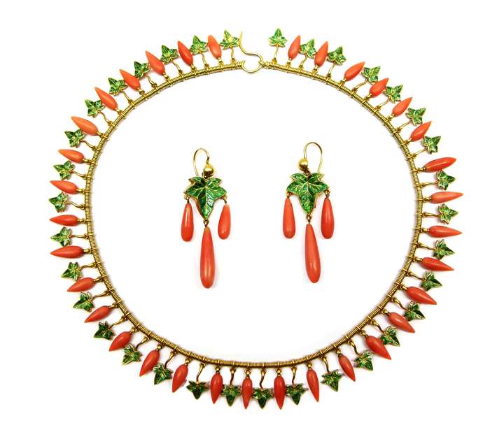 19th century gold, corallium rubrum and enamel fringe necklace and pair of earrings en suite
